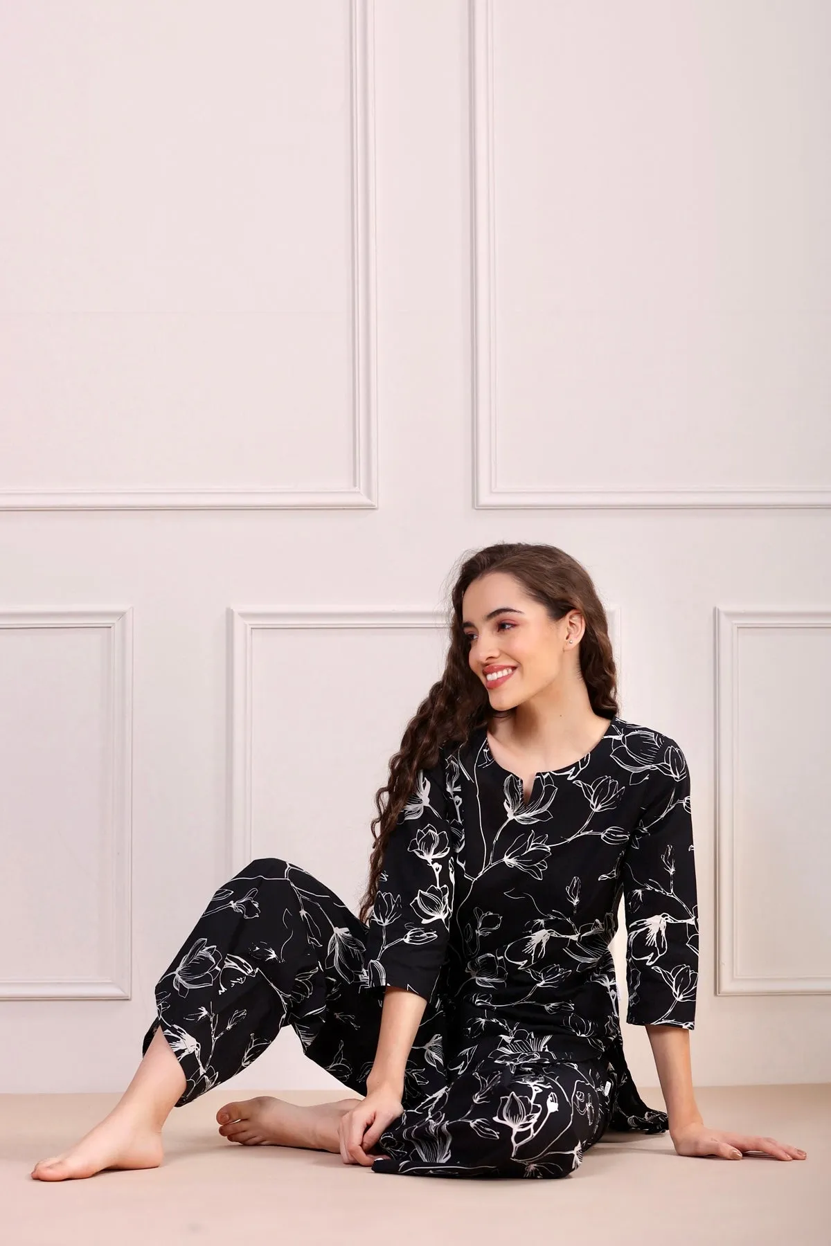 Abstract Floral on Black Palazzo Loungewear Set