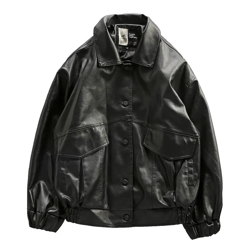 American Retro Loose Leather Coat Men's Trendy Handsome Motorcycle Clothing Pilot Leather Jacket Black Korean Style PU Leather Jacket