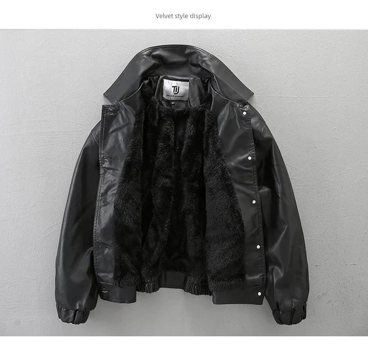 American Retro Loose Leather Coat Men's Trendy Handsome Motorcycle Clothing Pilot Leather Jacket Black Korean Style PU Leather Jacket