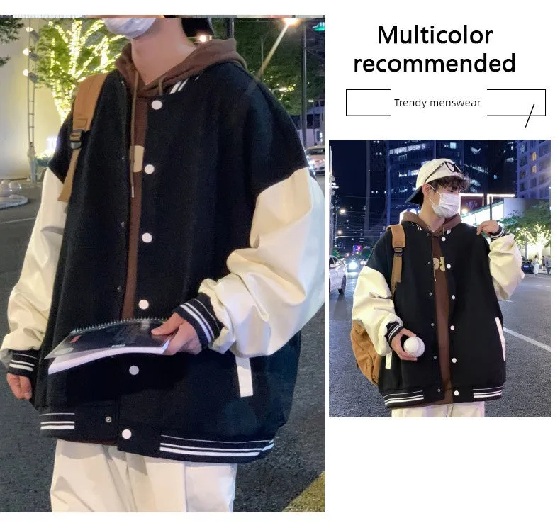 American-Style Casual Multicolor Stand Collar Faux Leather Baseball Jacket