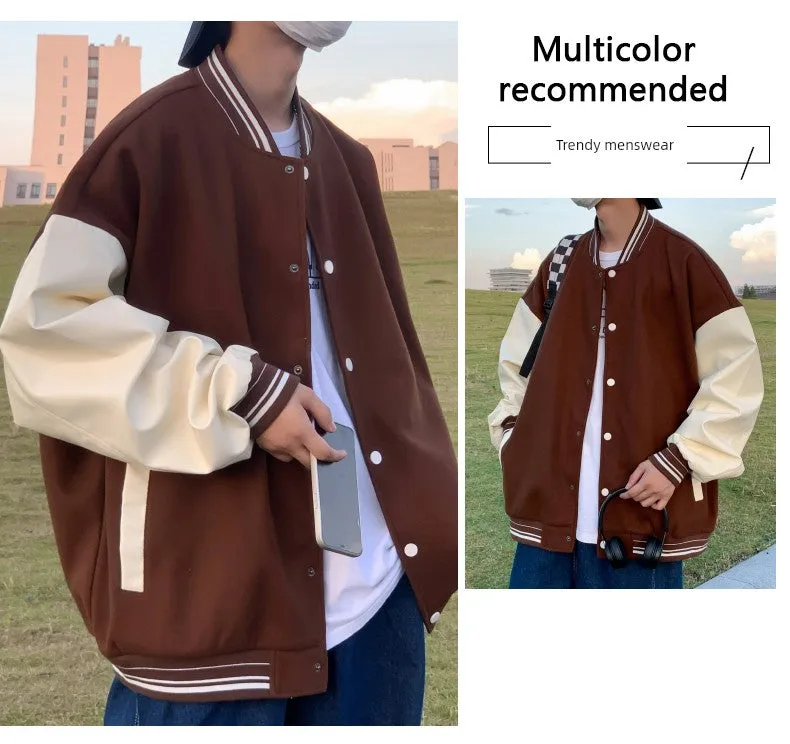 American-Style Casual Multicolor Stand Collar Faux Leather Baseball Jacket