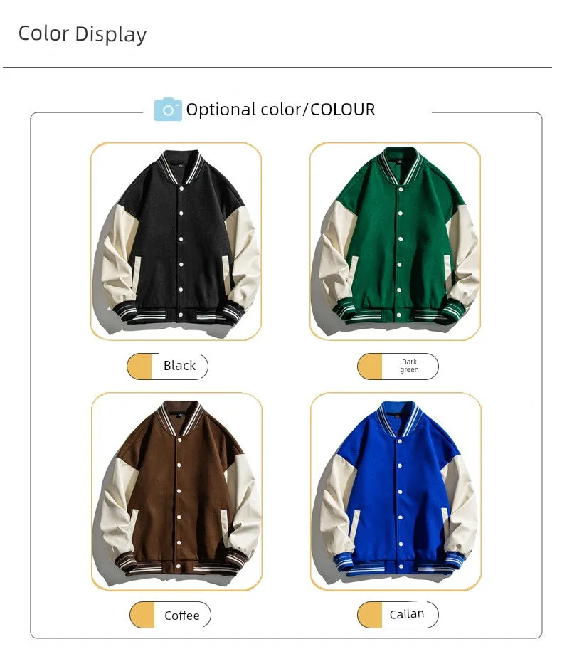 American-Style Casual Multicolor Stand Collar Faux Leather Baseball Jacket