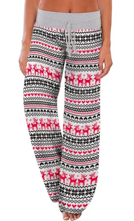 AMiERY Women's Christmas Pajamas Pants Sleep High Waisted Lounge Palazzo Pants Xmas Pajama Bottoms Pants Reindeer XL