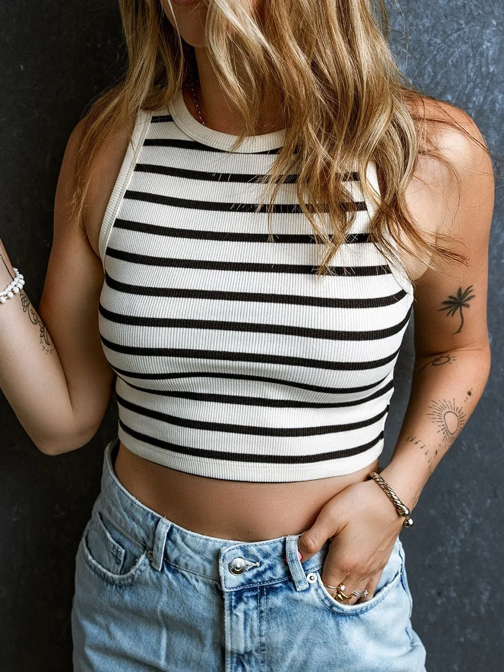 Apricot Striped Sleeveless Round Neck Slim Fit Crop Top