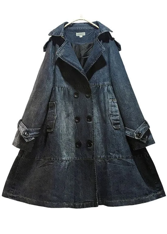 Art Blue Peter Pan Collar Pockets Button Fall Denim Trench Coats Coat