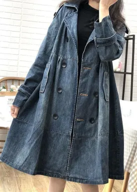 Art Blue Peter Pan Collar Pockets Button Fall Denim Trench Coats Coat