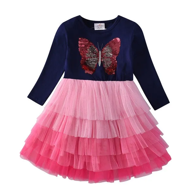 Autumn Girls Dress Butterfly Sequins Kids Long Sleeve Dresses Baby Girls Princess Dress Party Clothes Birthday Dresses