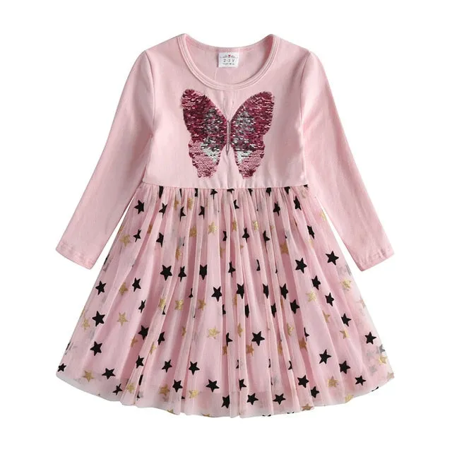 Autumn Girls Dress Butterfly Sequins Kids Long Sleeve Dresses Baby Girls Princess Dress Party Clothes Birthday Dresses