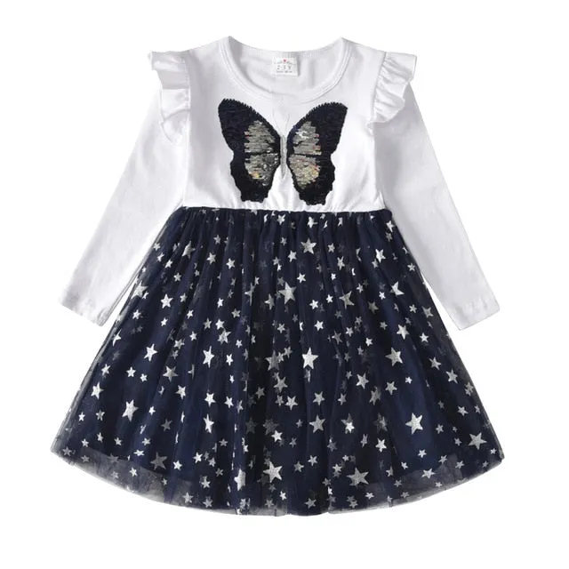 Autumn Girls Dress Butterfly Sequins Kids Long Sleeve Dresses Baby Girls Princess Dress Party Clothes Birthday Dresses