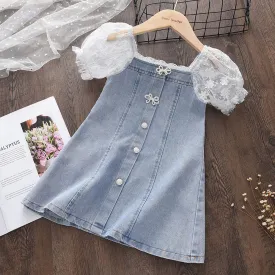 Baby Girl Clothes Menoea Princess Denim Dresses for Baby Girl Clothing New Summer Toddler Pearl Lace Patchwork Princess Dress for Kids 2-7Y