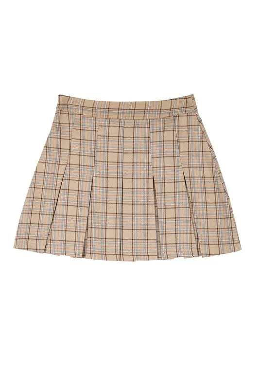 Beige Check Plaid Pleated Mini Skirt