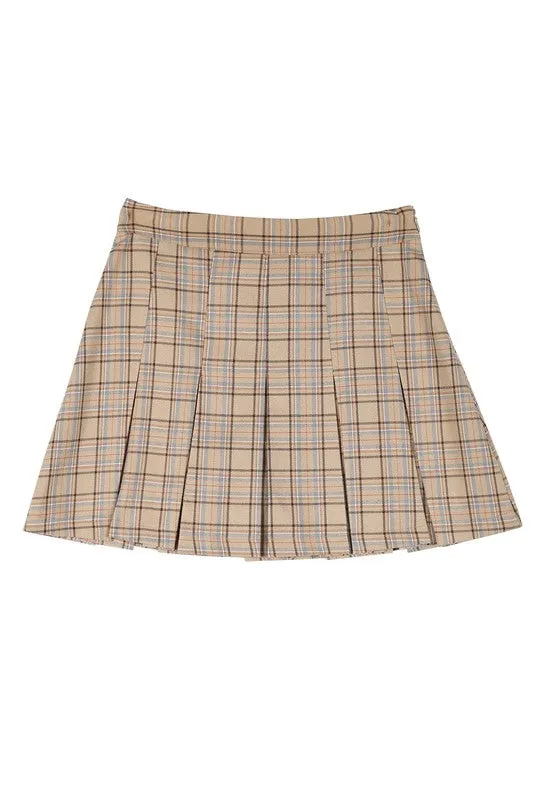 Beige Check Plaid Pleated Mini Skirt