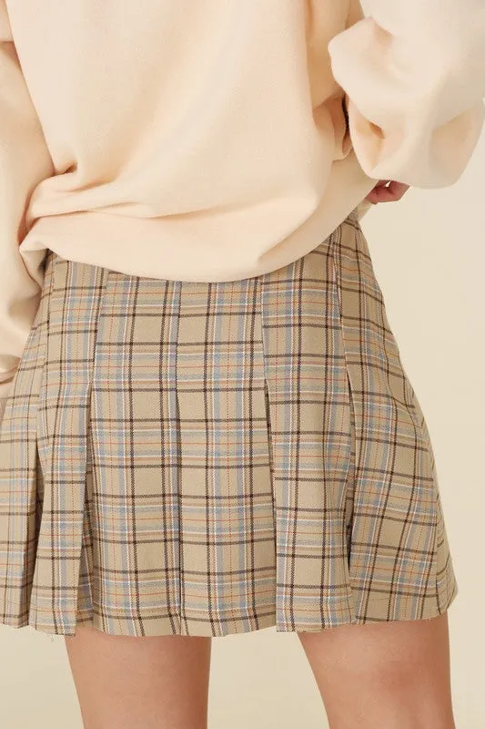 Beige Check Plaid Pleated Mini Skirt