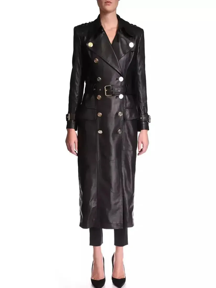 Belted Double-Breasted Long Leather Trench Coat