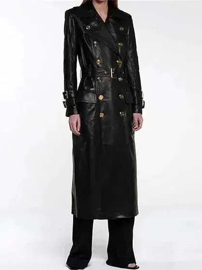 Belted Double-Breasted Long Leather Trench Coat