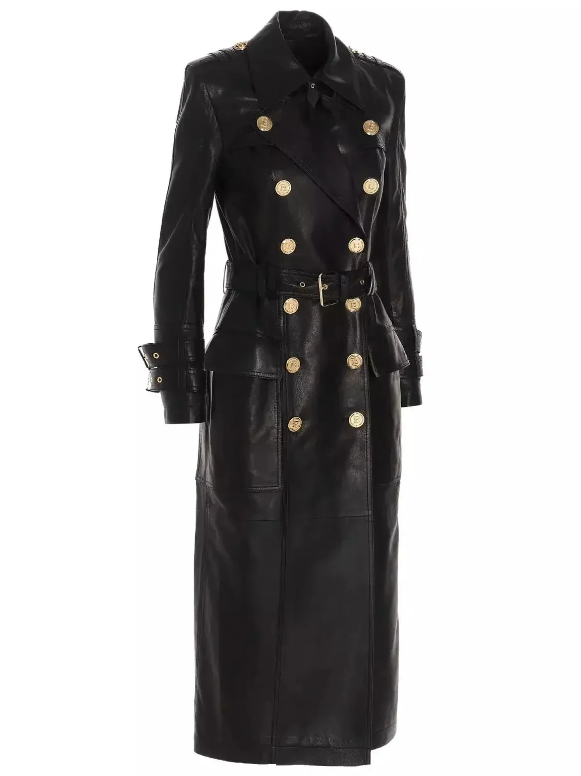 Belted Double-Breasted Long Leather Trench Coat