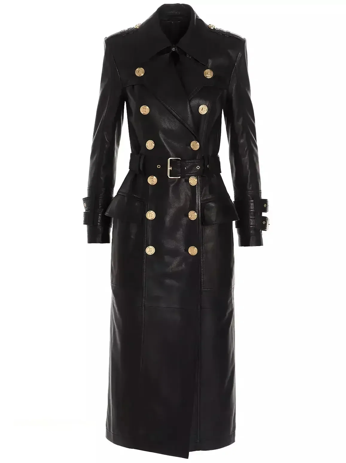 Belted Double-Breasted Long Leather Trench Coat