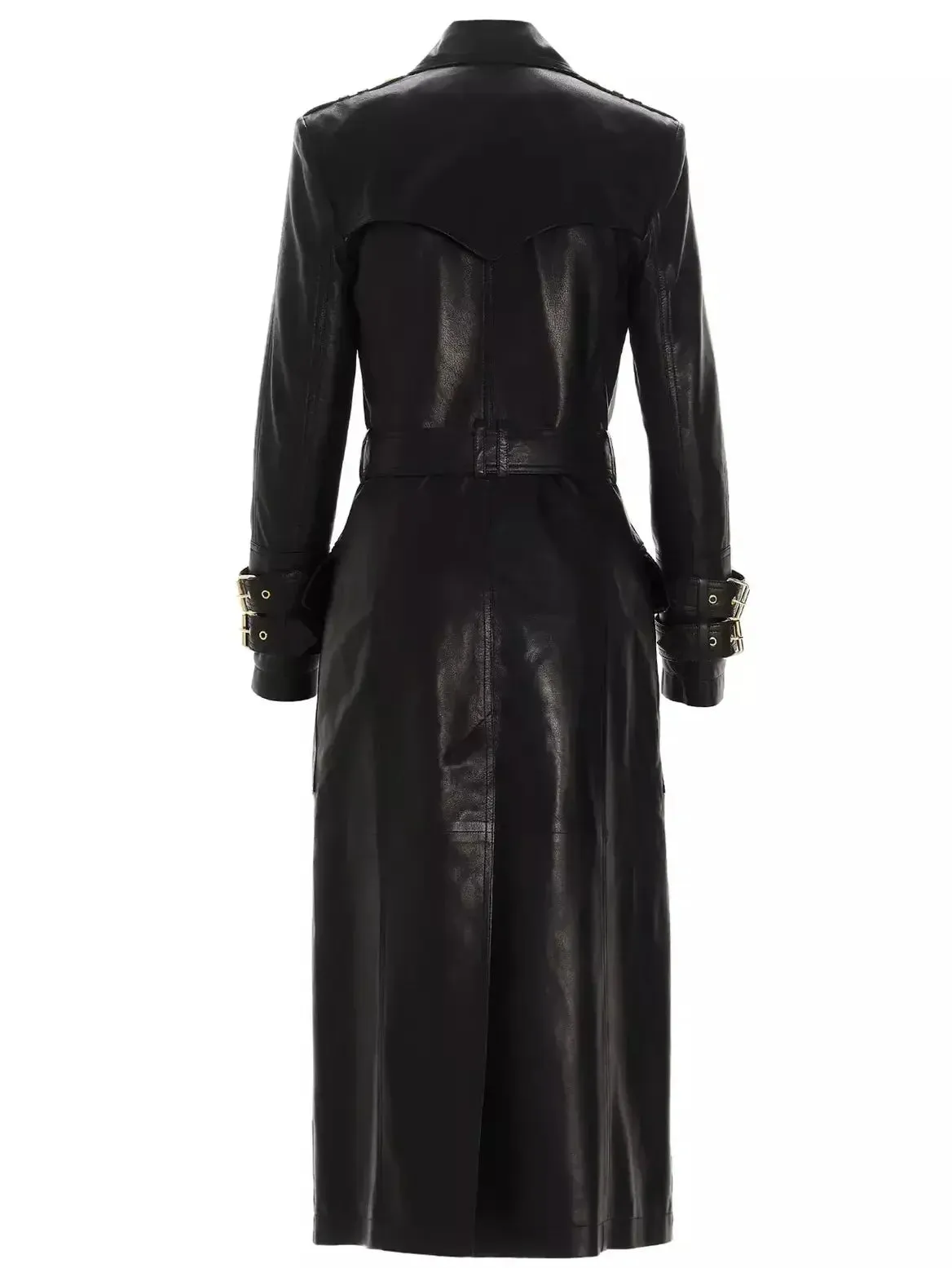 Belted Double-Breasted Long Leather Trench Coat