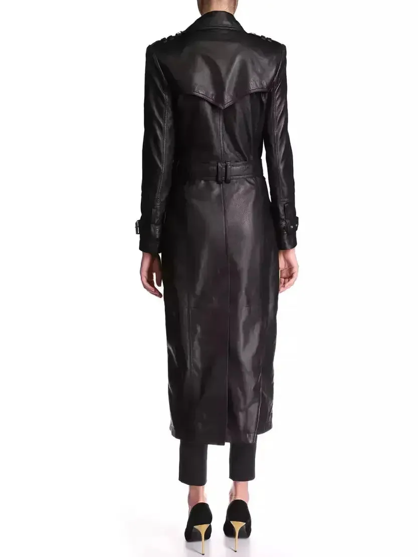 Belted Double-Breasted Long Leather Trench Coat