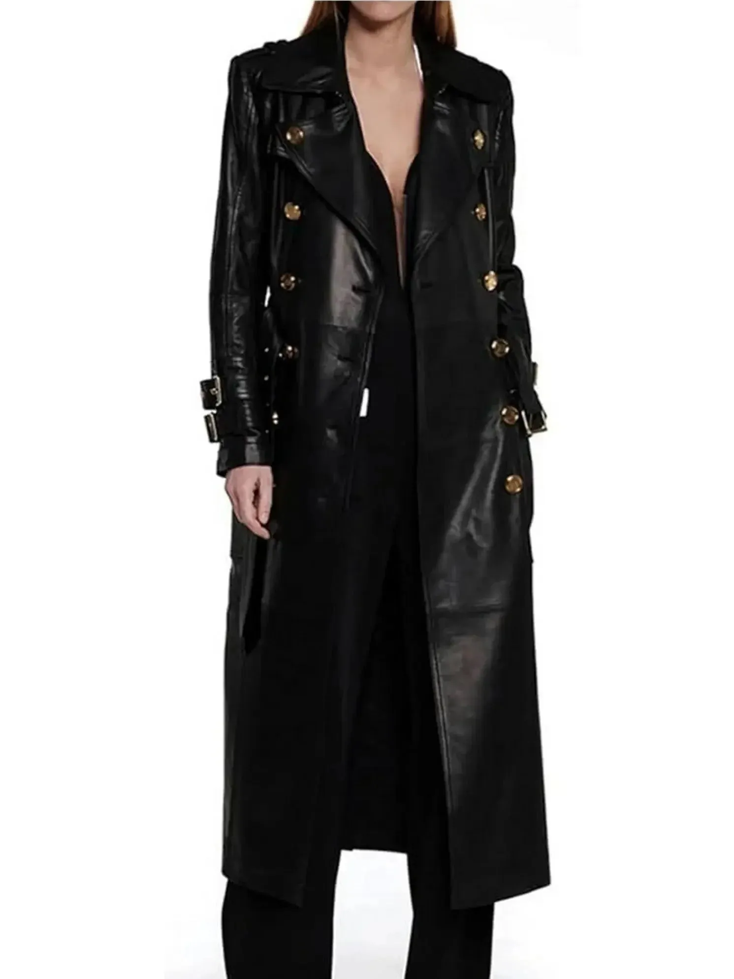 Belted Double-Breasted Long Leather Trench Coat