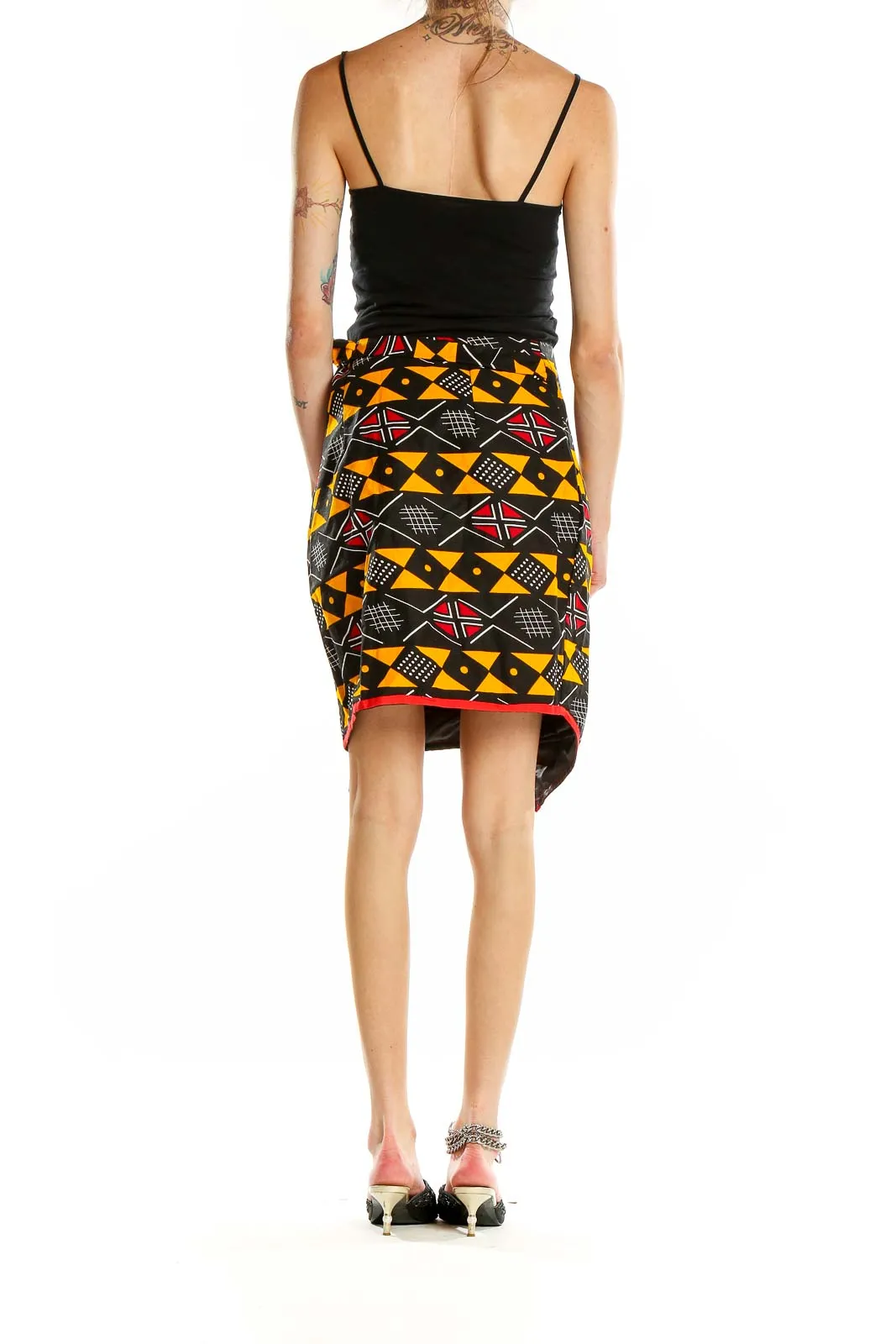 Black and Orange Geometric Print Wrap Skirt