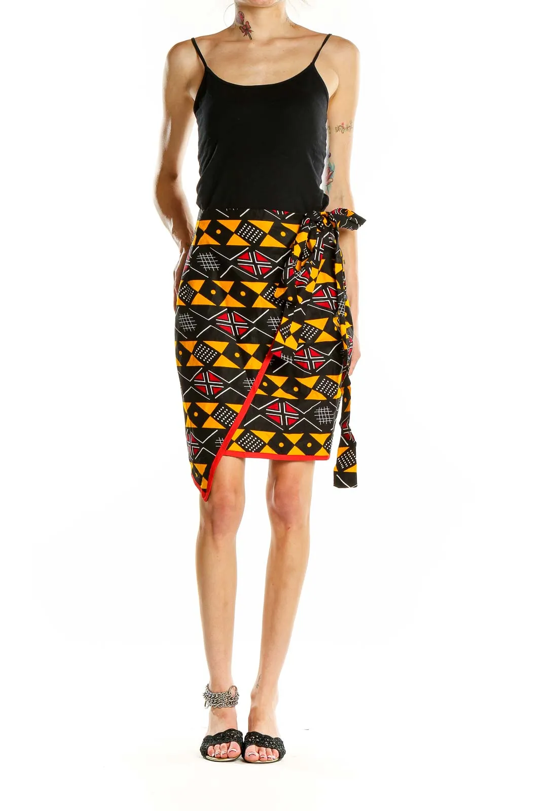 Black and Orange Geometric Print Wrap Skirt