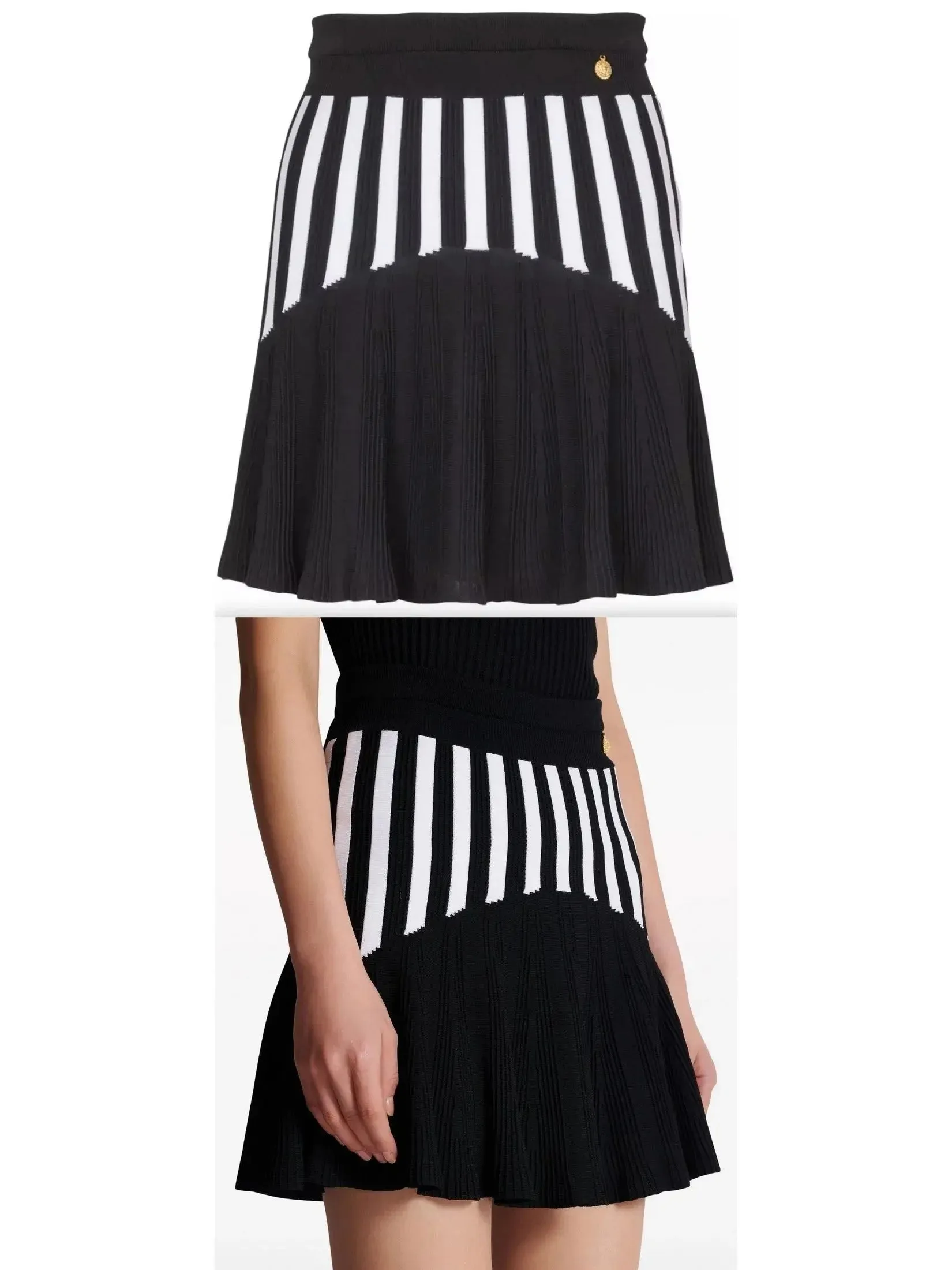 Black and White Pleated Striped Knit Skirt