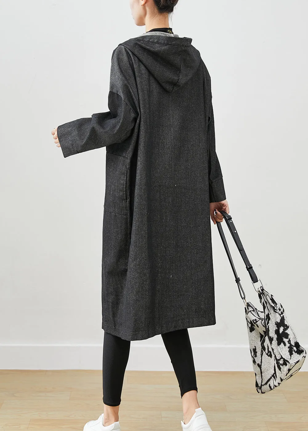 Black Oversized Denim Trench Coats Hooded Pockets Fall ML1931