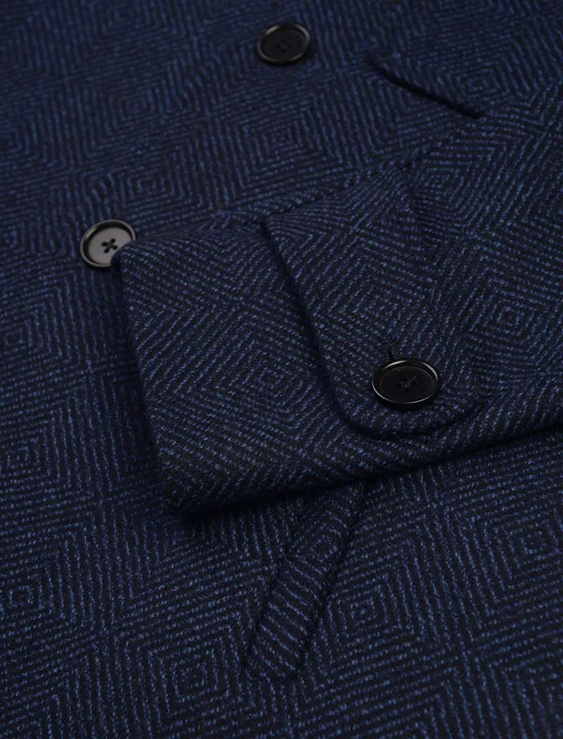 Blue & Black Zigzag Wool Overcoat