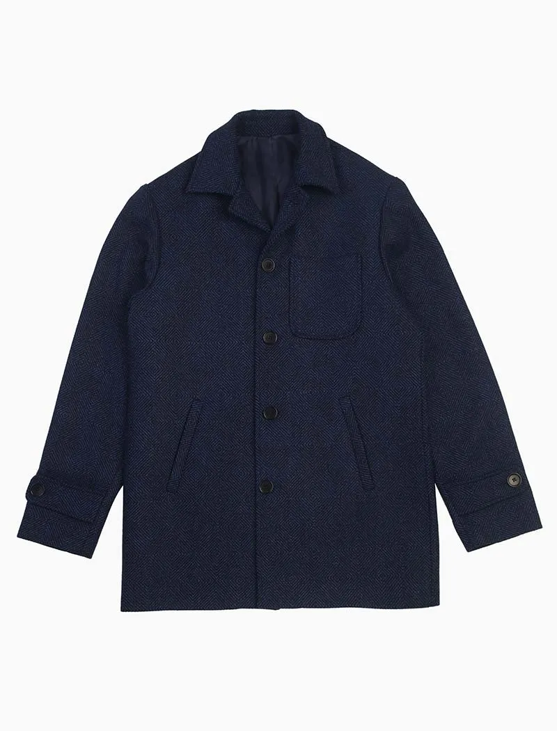 Blue & Black Zigzag Wool Overcoat