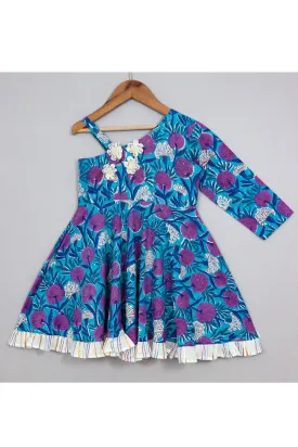 Blue Block Printed One Shoulder Cotton Full Length Dress With Drape