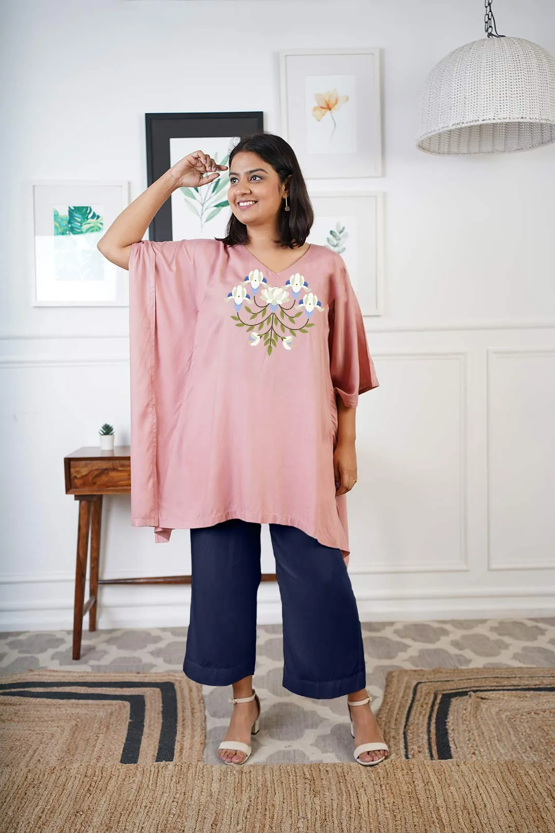 Blush Rayon Kurti & Navy Palazzo - Floralista