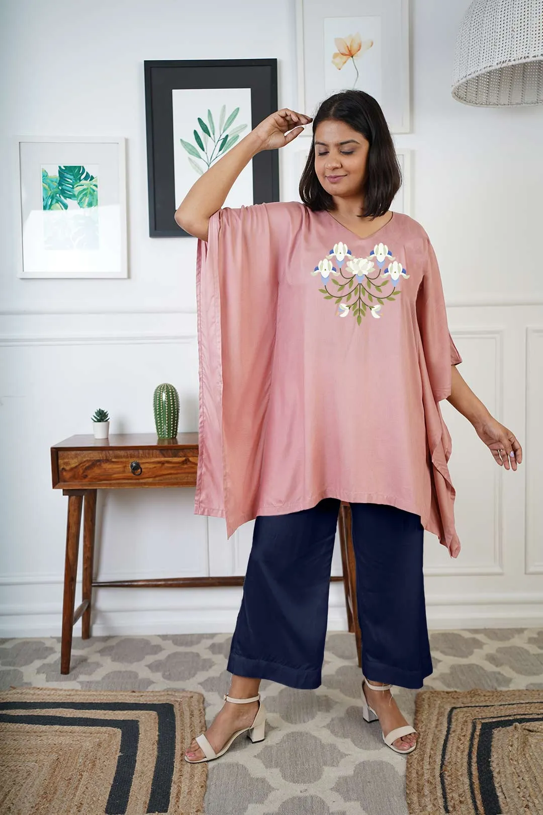 Blush Rayon Kurti & Navy Palazzo - Floralista