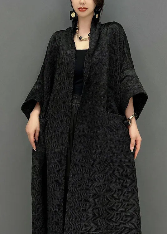 Boutique Black Oversized Pockets Jacquard Silk Trench Coats Fall