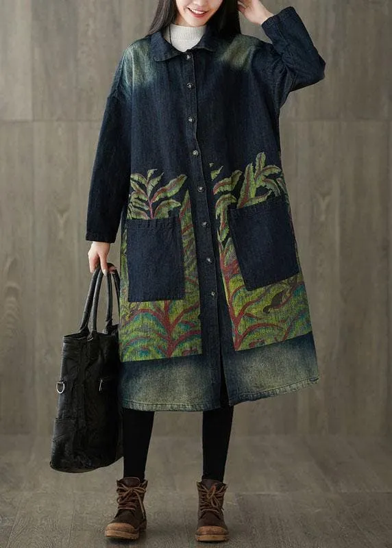 Boutique Navy Peter Pan Collar Pockets Button Print Fall Denim Long Sleeve Trench Coat