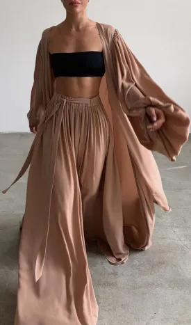 Brown Wide Leg Palazzo Pants And Beach Kimono Set