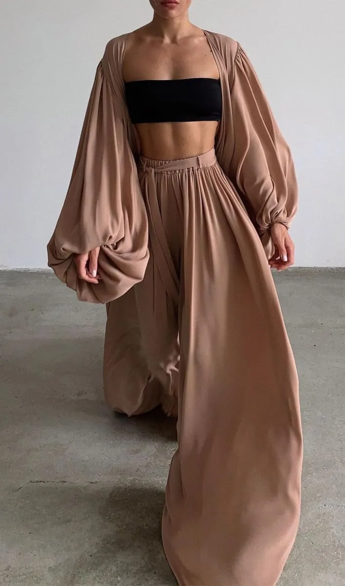 Brown Wide Leg Palazzo Pants And Beach Kimono Set