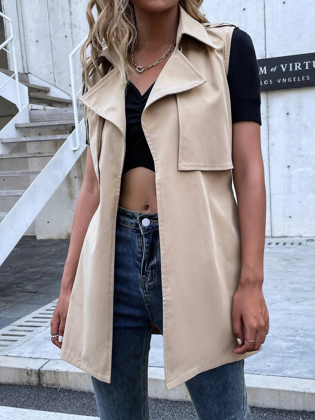 Casual Plain Belted Sleeveless Lapel Regular Women Trench Coat