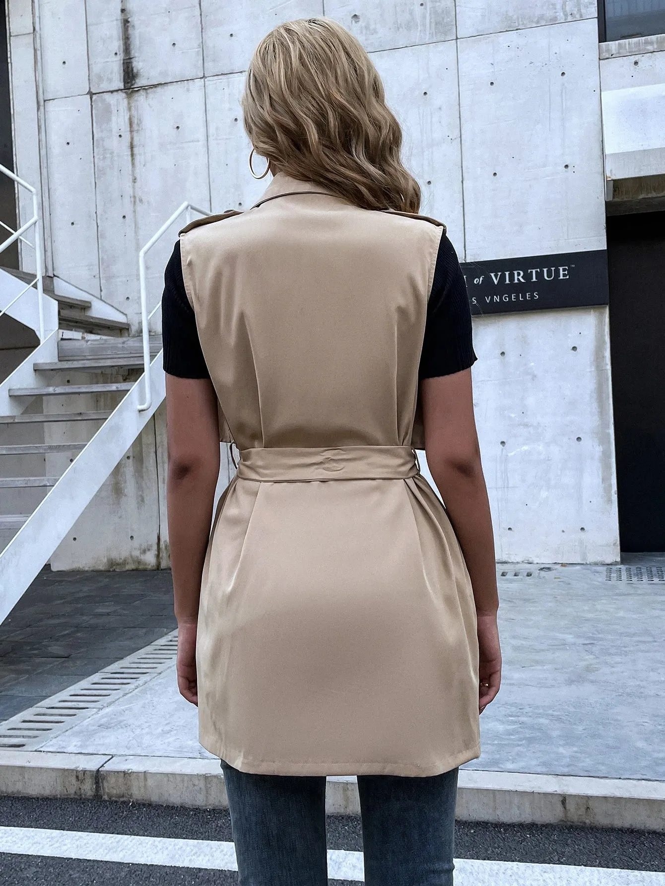 Casual Plain Belted Sleeveless Lapel Regular Women Trench Coat