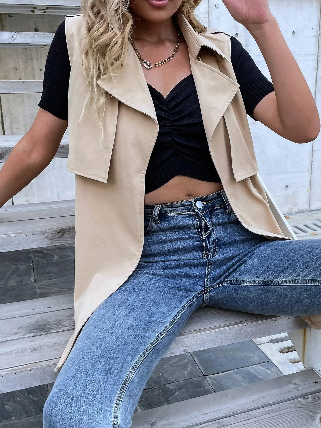 Casual Plain Belted Sleeveless Lapel Regular Women Trench Coat