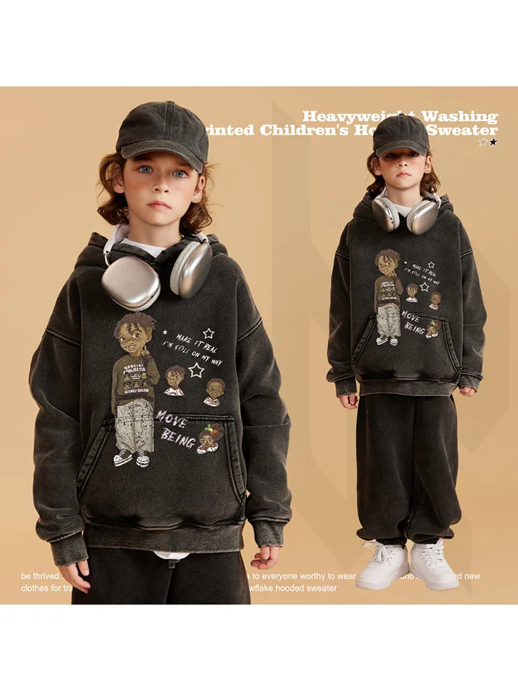 Casual Washed Cartoon Kids Hoodies