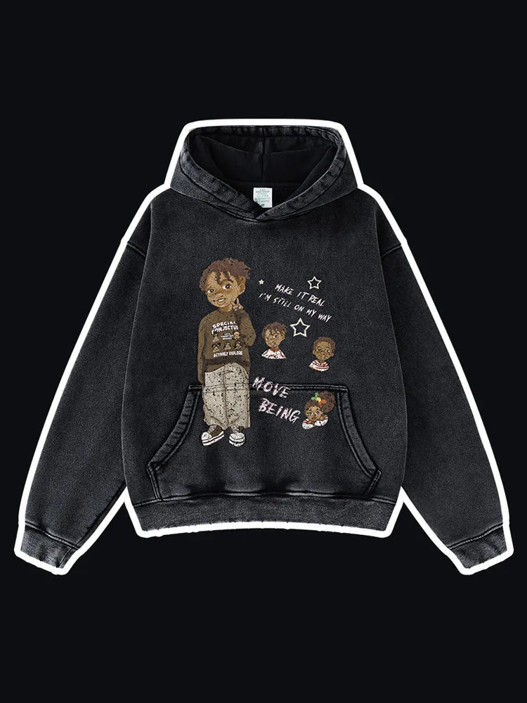 Casual Washed Cartoon Kids Hoodies