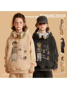 Casual Washed Cartoon Kids Hoodies