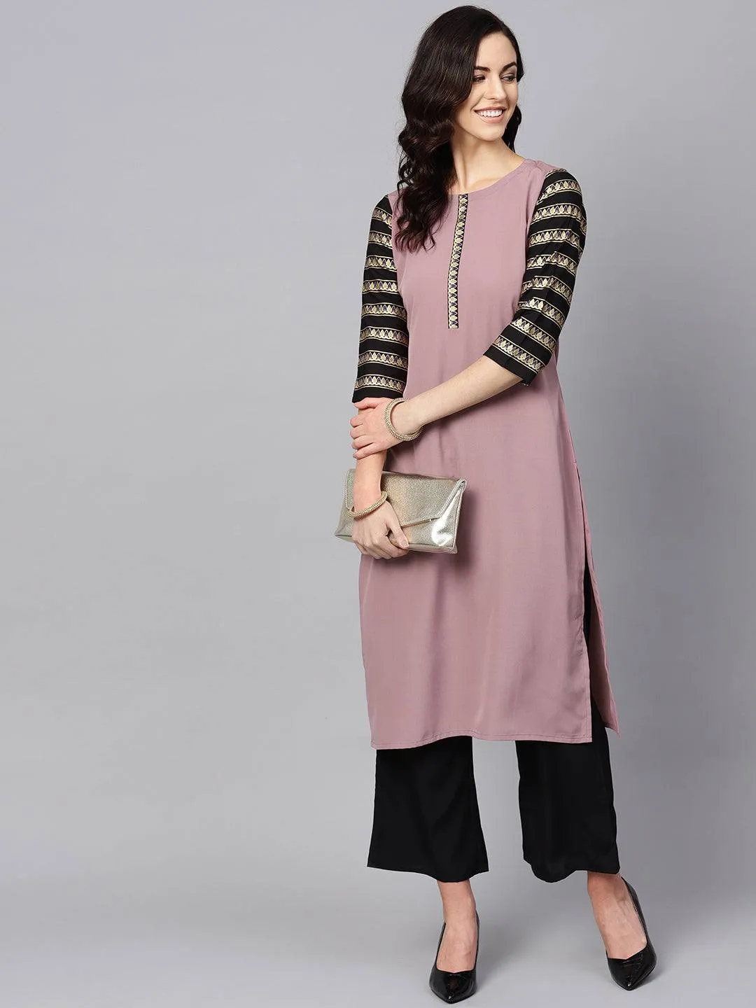 Crepe Purple-Black Kurta Palazzo Set