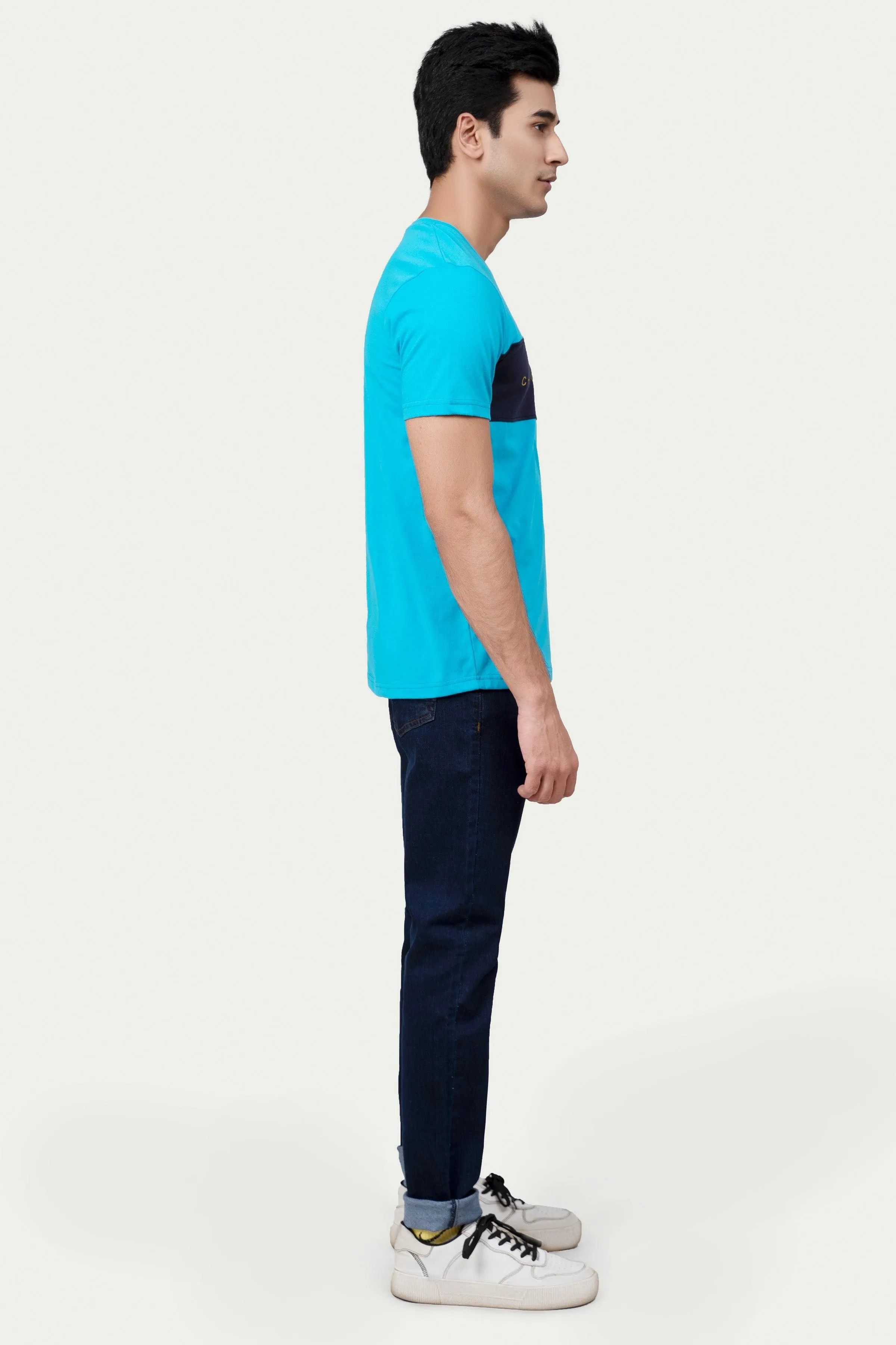 CUT & SEW PANEL T-SHIRT BLUE