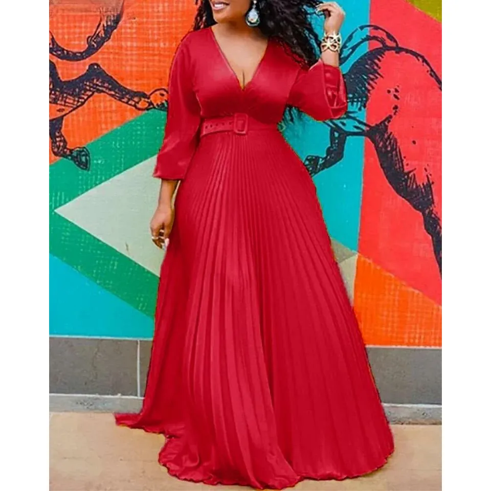 Deep V-Neck Long Sleeve Pleated Maxi Dress