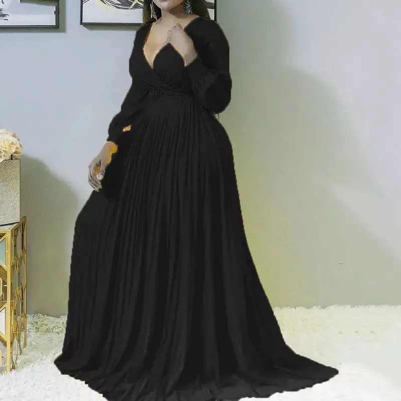 Deep V-Neck Long Sleeve Pleated Maxi Dress