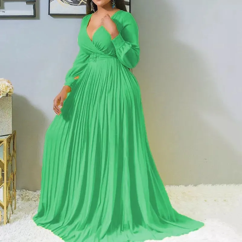 Deep V-Neck Long Sleeve Pleated Maxi Dress