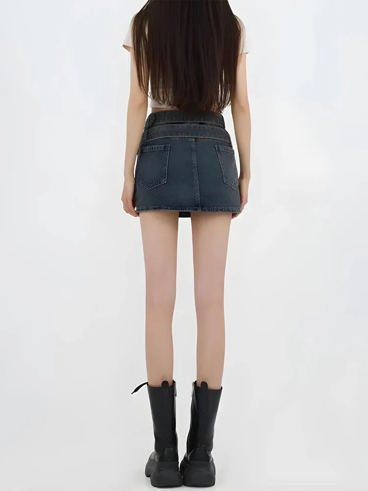 Double Belted Denim Mini Skort