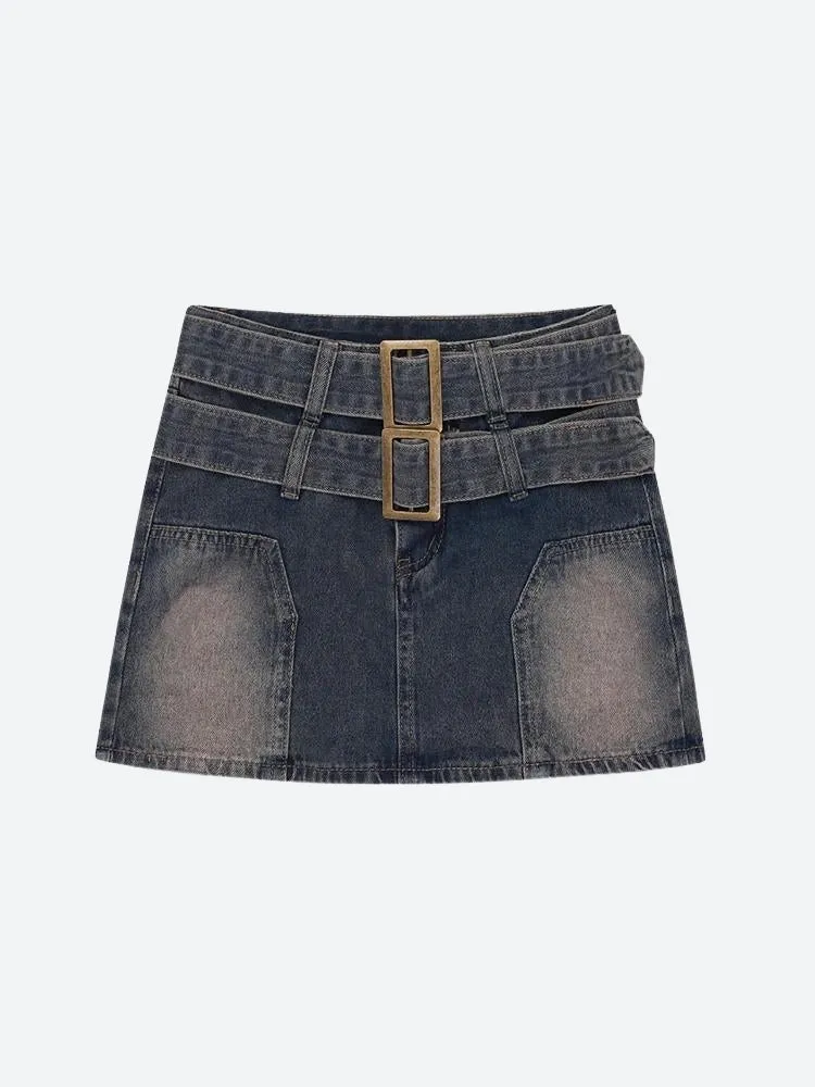 Double Belted Denim Mini Skort